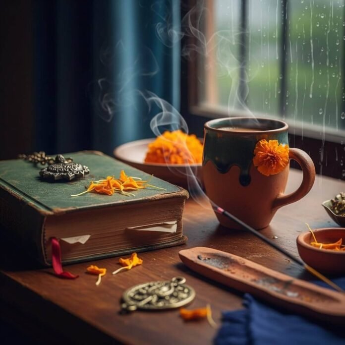 A chai mug and prayer book on a rainy day.
