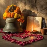 Sacred Stories That Teach Love, Kindness, and Devotion Still life: Bell, marigolds, diary, diya, rose petals, chai.