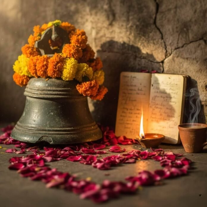 Still life: Bell, marigolds, diary, diya, rose petals, chai.