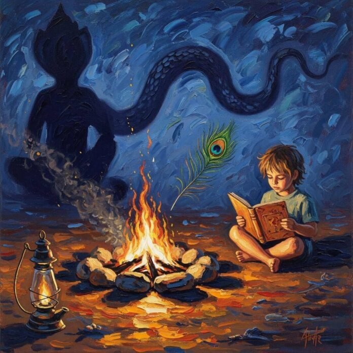 Kid reads by campfire as a naga's shadow lurks.