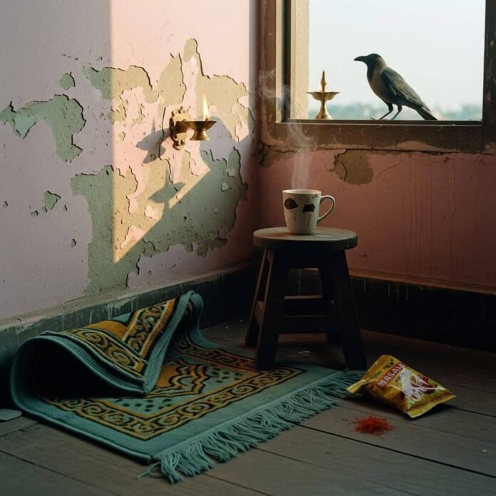Mumbai flat corner with prayer mat, chai, diya, and crow.