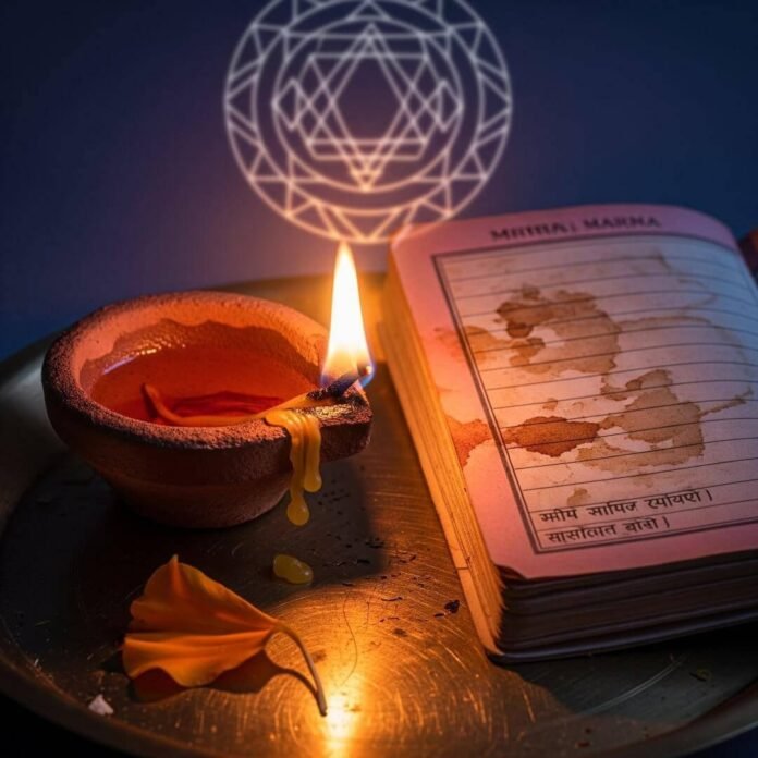 Diya, mantra book, and marigold on brass thali.