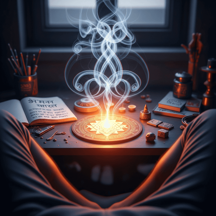 Yantra glowing on a cluttered desk with incense smoke.