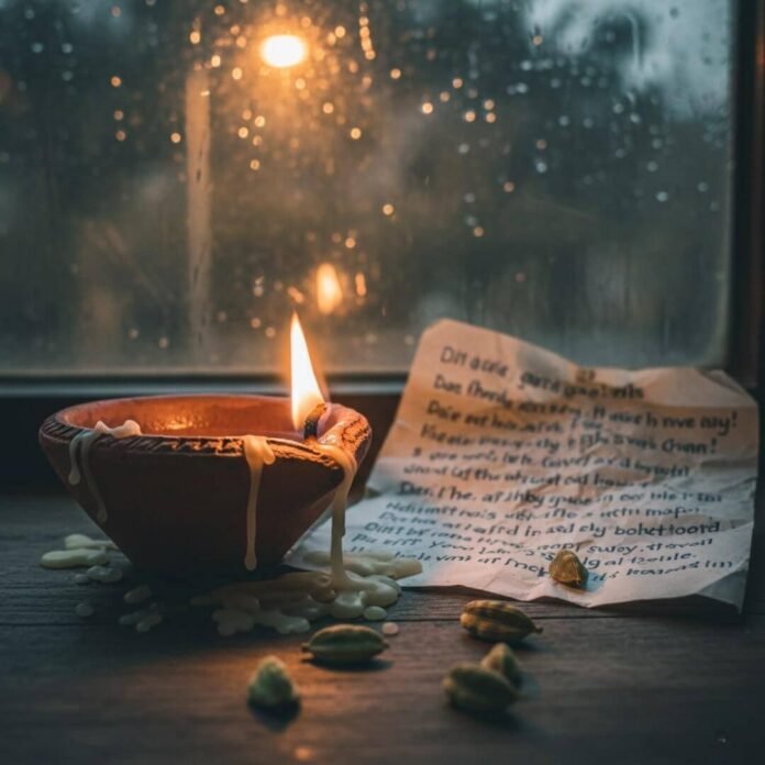 Diya, prayers, and cardamom by a rainy window.